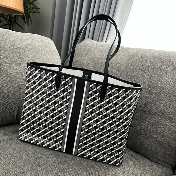 NWT TORY BURCH BLACK GEO LOGO W STRIPE Top Zip Tote Shoulder Bag Style #89762 - Picture 3 of 6